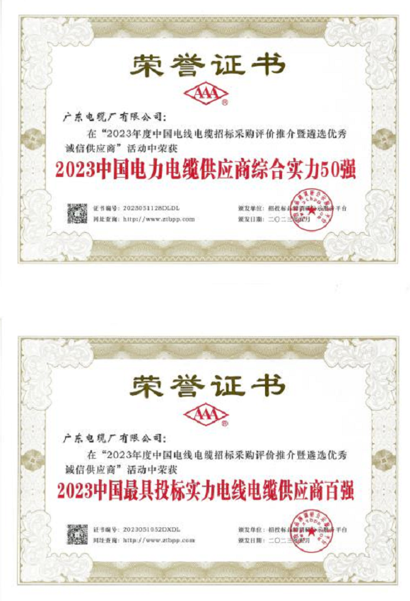 據(jù)了解，憑借卓越的綜合實力，包括出色的生產(chǎn)能力、技術(shù)創(chuàng)新和產(chǎn)品質(zhì)量，廣東電纜廠有限公司在該活動中榮獲“2023中國電力電纜供應(yīng)商綜合實力50強(qiáng)”和“2023中國最具投標(biāo)實力電線電纜供應(yīng)商百強(qiáng)”。