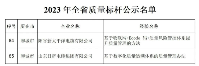山東省工業(yè)和信息化廳發(fā)布2023年全省質(zhì)量標(biāo)桿名單，其中包括山東日輝電纜集團(tuán)有限公司、陽(yáng)谷新太平洋電纜有限公司。