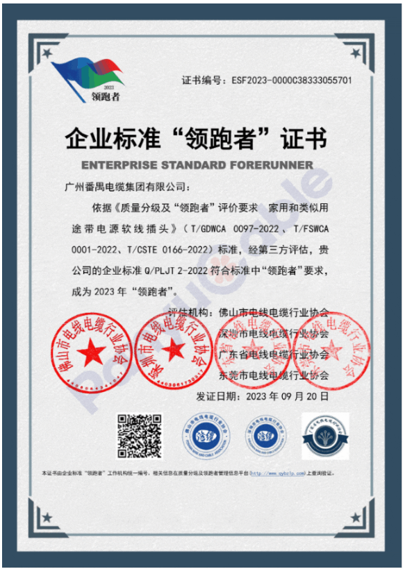 宣布了2023年首批民營企業(yè)國家級“領(lǐng)跑者”名單。其中，番纜集團憑借其柔性防火電纜、橡套電線電纜、家用和類似用途交流帶插頭電源軟線產(chǎn)品的卓越品質(zhì)，榮獲2023年度民營企業(yè)標(biāo)準(zhǔn)“領(lǐng)跑者”證書，為該行業(yè)樹立了新的標(biāo)桿。